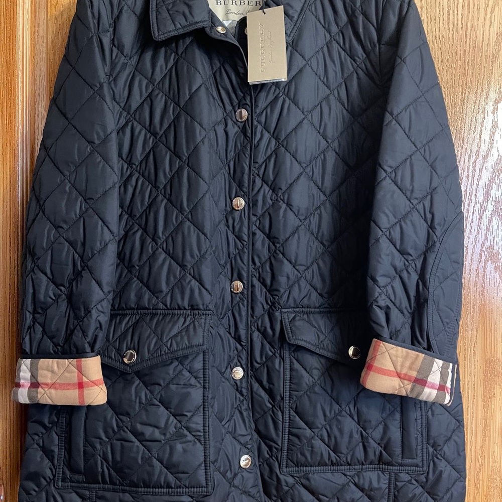Burberry Black Quilted Coat with Signature Check Cuff